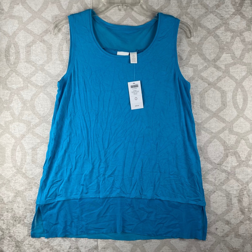 Chico's Mia Mesh Hem Tank Women 0 Small Blue Sleeveless Rayon Knit New $49